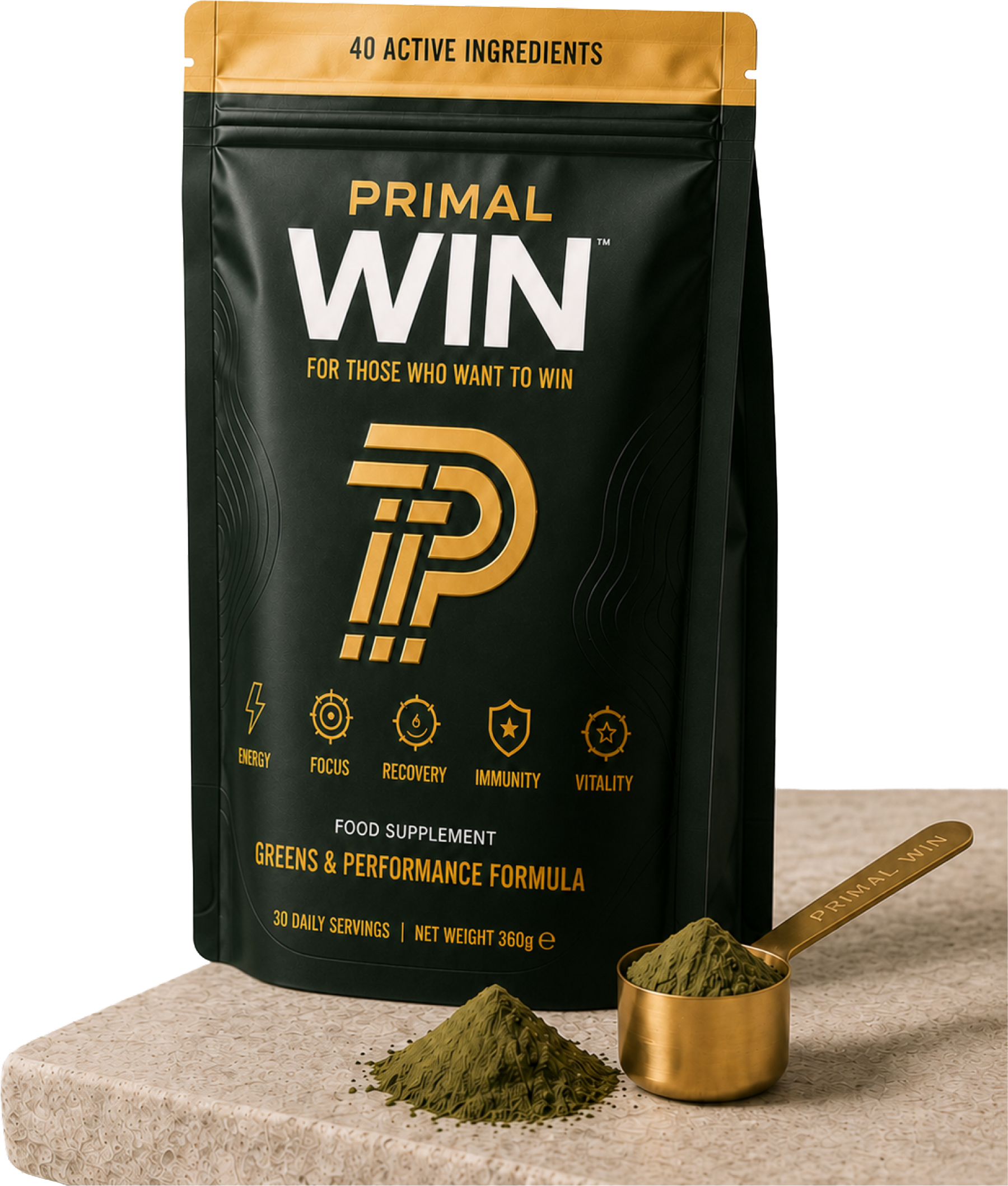 Primal Win pouch with greens powder and gold scoop